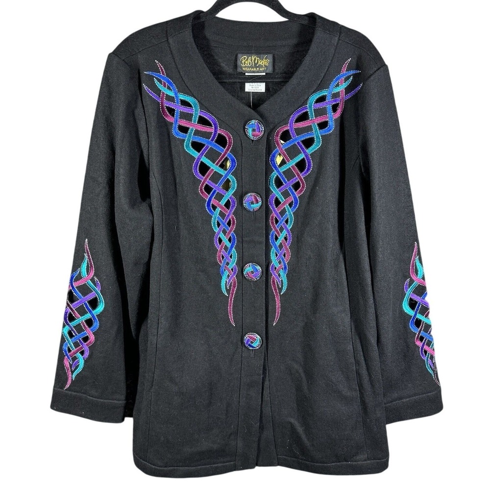 Bob Mackie Wearable Art Jacket Womens XL Black Embroidered Wool‎ Blend Cutout